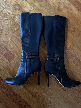White House Black Market Black Knee-High Stiletto Boots with Double Buckles